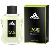 Adidas Pure Game Eau De Toilette 100ml, clear bottle with black cap, next to black and green box.