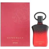 Red and black Afnan Supremacy Tapis Rouge Extrait De Parfum 90ml bottle with matching embossed box.