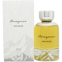 "Atralia Amazonas Avalanche Eau De Parfum 100ml, clear glass bottle with silver cap, white box with mountain design"