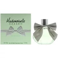 Azzaro Mademoiselle L'Eau Tres Florale 50ml, clear round bottle with a gray bow and silver cap, green box packaging.