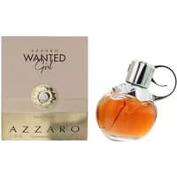 Azzaro Wanted Girl Eau De Parfum 50ml, floral-shaped bottle with silver cap, next to beige and gold packaging.