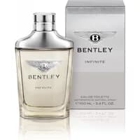 Bentley Infinite Eau De Toilette 100ml, clear glass bottle with silver cap, box with Bentley logo and gray accents.