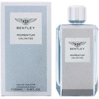 Bentley Momentum Unlimited Eau De Toilette 100ml, silver textured bottle with matching box, Bentley logo on both.