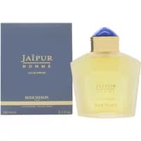 Boucheron Jaipur Homme Eau De Parfum 100ml, yellow bottle with blue cap, next to blue and gold box.