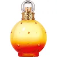 Round orange-yellow bottle of Britney Spears Blissful Fantasy Eau De Toilette, gold ornate neck, clear spherical cap.