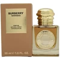Burberry Goddess Parfum 50ml, square glass bottle with gold cap and embossed logo, beige box with gold label.