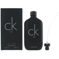 Black Calvin Klein CK Be Eau De Toilette 200ml bottle with matching box, minimalist design, and spray nozzle.