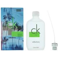 Calvin Klein CK One Reflections Eau De Toilette 100ml, white bottle, green label, with tropical-themed box.