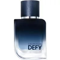 Calvin Klein Defy Eau De Parfum 50ml, sleek rectangular bottle with gradient blue to clear design, dark textured cap.