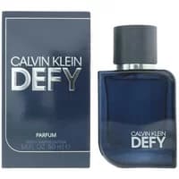 Calvin Klein Defy Parfum 50ml, sleek dark blue bottle with black cap, silver logo and matching box.