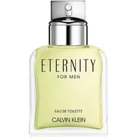 Clear glass bottle of Calvin Klein Eternity for Men Eau De Toilette with silver cap, 100ml.