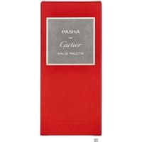 Red rectangular box of Cartier Pasha De Cartier Eau de Toilette with gray label and white text, 100 ml size.