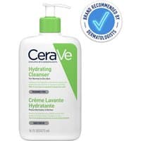 CeraVe Hydrating Cleanser 473ml bottle with green pump, white label, and dermatologist recommendation badge.