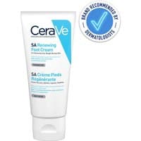 CeraVe SA Renewing Foot Cream 88ml in a white tube with blue accents and dermatologist recommendation badge.