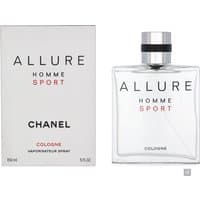 Chanel Allure Homme Sport cologne, clear square bottle with silver cap, next to white box with black and red text.