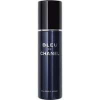 Dark blue cylindrical spray bottle with black cap, labeled "Bleu De Chanel" in white text.