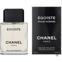 Chanel Egoiste Pour Homme Eau de Toilette Spray 100ml, clear glass bottle with black cap, black box with white text.