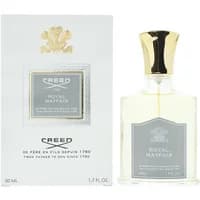 Clear glass bottle with gold cap, silver label, and white box displaying "Creed Royal Mayfair Eau De Parfum 50ml".