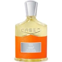 Clear glass bottle with silver cap, orange label, and embossed "Creed" logo, containing Viking Cologne Eau de Parfum.