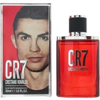 Red CR7 Eau De Toilette bottle with black cap, 30ml, Cristiano Ronaldo packaging with portrait.