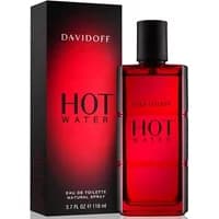 Red rectangular Davidoff Hot Water Eau De Toilette bottle with black cap and matching box, 110ml.