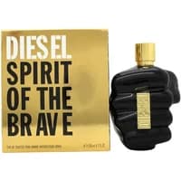 Black fist-shaped Diesel Spirit Of The Brave Eau De Toilette bottle with gold cap, next to gold and black box.