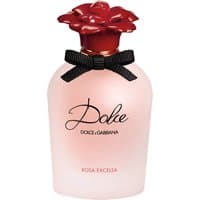 Pink frosted bottle with red rose cap and black bow, Dolce & Gabbana Dolce Rosa Excelsa Eau de Parfum 75ml Spray.
