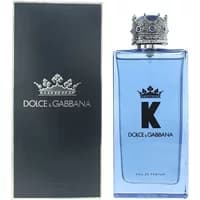 Blue Dolce & Gabbana K Eau De Parfum bottle with crown cap, next to black box with silver logo.