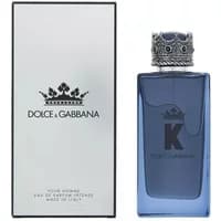 Blue Dolce & Gabbana K Intense Eau De Parfum bottle with crown-shaped cap, next to matching branded box.