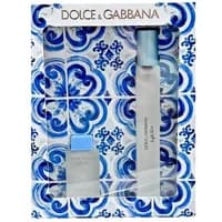 Dolce & Gabbana Light Blue gift set with 10ml spray and 4.5ml splash, in blue and white patterned packaging.