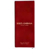 Red rectangular Dolce & Gabbana Pour Femme Eau de Toilette box with gold lettering, 100ml size.
