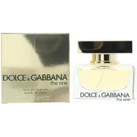 Dolce & Gabbana The One Eau De Parfum 30ml, clear glass bottle with gold cap, next to gold box packaging.