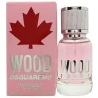 Pink Dsquared2 Wood Pour Femme Eau De Toilette 30ml bottle with silver cap and matching pink box featuring a red maple leaf.