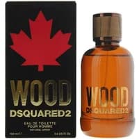 "Amber Dsquared2 Wood Pour Homme bottle with black cap, next to black box featuring red maple leaf and gold text"