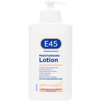 E45 Moisturising Lotion 500ml, white pump bottle with blue and orange label, for dry and sensitive skin.