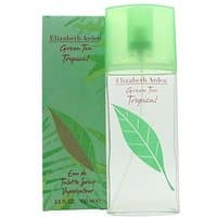 Green Tea Tropical Eau de Toilette 100ml by Elizabeth Arden, clear bottle with green leaf design and matching box.