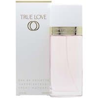 Elizabeth Arden True Love Eau de Toilette 100ml, clear glass bottle with white cap and gold band, next to matching box.