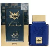 Blue and gold Emper Presidente Al Qaid Eau De Parfum 100ml bottle with matching box featuring an eagle emblem.