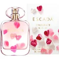 Clear glass bottle of Escada Celebrate N.O.W. Eau De Parfum with pink heart accents, 80ml size.