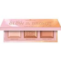 Essence Love That Glow & Bronze Palette with three shades: soft pink, glittery gold, and warm bronze in a pink case.
