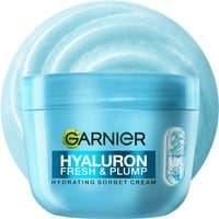 Blue Garnier Hyaluron Fresh & Plump Sorbet Cream jar, 85ml, with swirl design on lid and hydrating label.