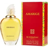 GIVENCHY Amarige Eau De Toilette 100ml, clear bottle with gold cap, next to red and yellow box.