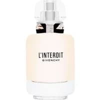 Clear glass bottle of GIVENCHY L'Interdit Eau De Toilette, 80ml, with black ribbon detail and white label.