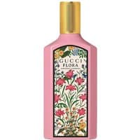 Pink Gucci Flora Gorgeous Gardenia Edp Spray 100ml bottle with gold cap and floral label design.