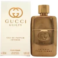 Gold Gucci Guilty Intense Eau De Parfum 50ml bottle with embossed logo and matching gold cap, next to branded box.