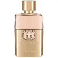 Gold Gucci Guilty Pour Femme Eau De Parfum 30ml bottle with embossed logo and pink tinted glass top.