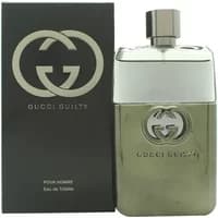 Gucci Guilty Pour Homme Eau De Toilette 90ml, silver bottle with logo, next to black box with silver branding.