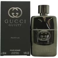 Gucci Guilty Pour Homme Parfum 50ml, sleek black bottle with silver logo, next to matching black box.