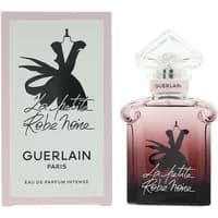 Guerlain La Petite Robe Noire Intense 30ml perfume, gradient blue bottle, ornate clear cap, box with dress illustration.