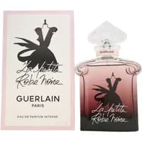 Guerlain La Petite Robe Noire Intense 75ml perfume, gradient blue bottle, iconic dress silhouette, clear ornate cap.